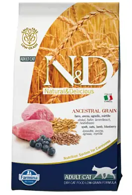 Farmina N&D Ancestral Grain Cat Lamb, Spelt, Oats And Blueberry Adult низкозерновой корм для взрослых кошек с ягненком и черникой